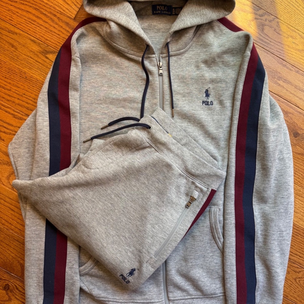 Polo Ralph Lauren Mens Tracksuit Heather Grey Side Stripe Hoodie XL Pants Large
